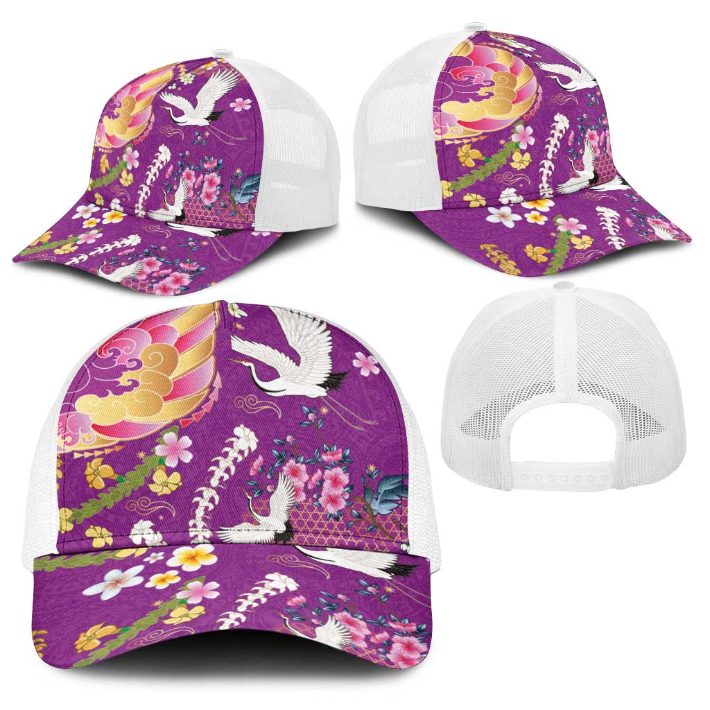 Hawaiian and Japanese Culture Together Baseball Net Cap Kakau Tribal Pattern and Irezumi Art Purple Color