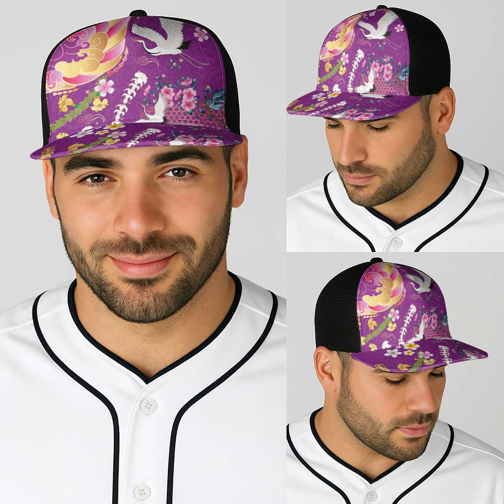 Hawaiian and Japanese Culture Together Baseball Net Cap Kakau Tribal Pattern and Irezumi Art Purple Color