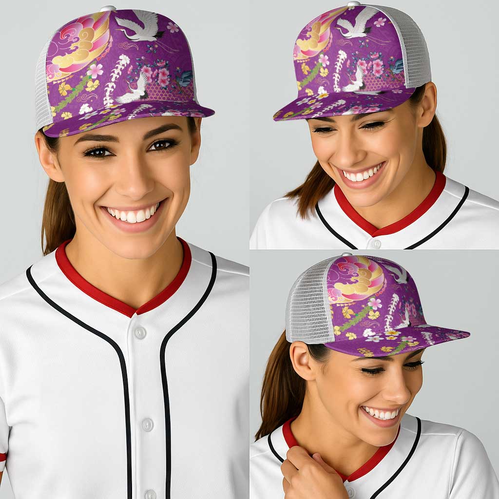 Hawaiian and Japanese Culture Together Baseball Net Cap Kakau Tribal Pattern and Irezumi Art Purple Color