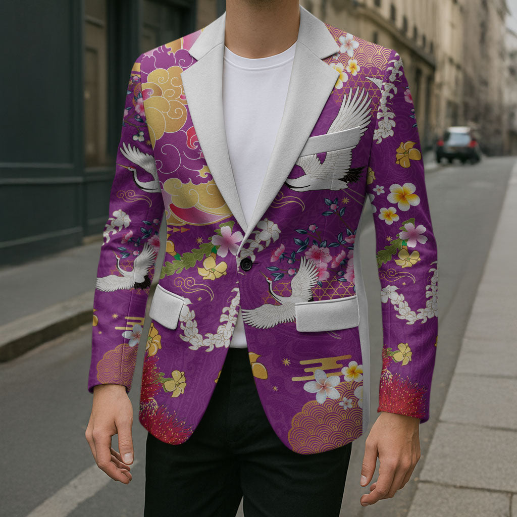 Hawaiian and Japanese Culture Together Blazer Kakau Tribal Pattern and Irezumi Art Purple Color
