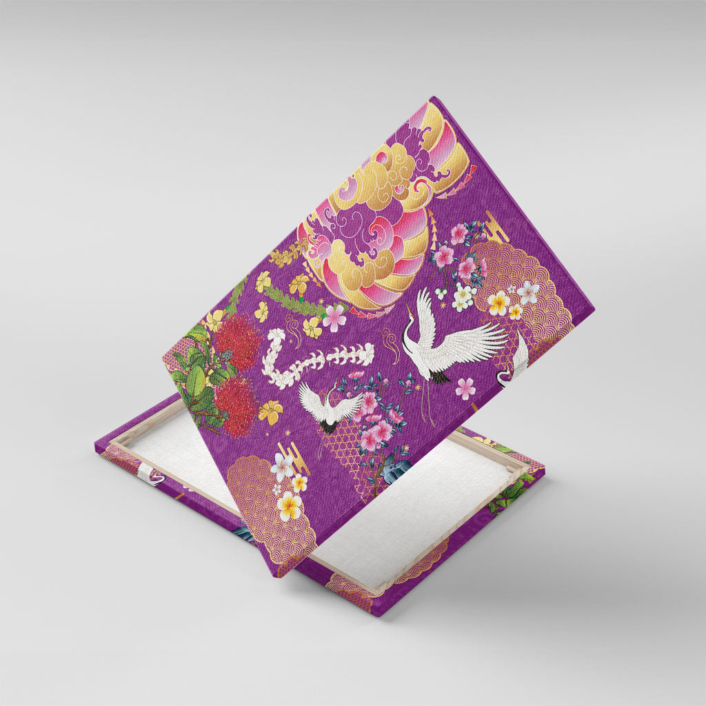 Hawaiian and Japanese Culture Together Canvas Wall Art Kakau Tribal Pattern and Irezumi Art Purple Color