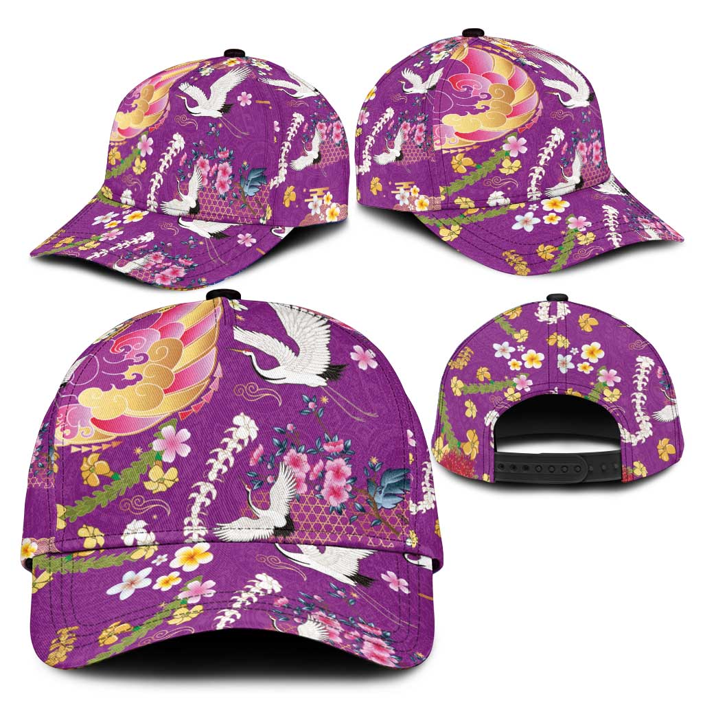 Hawaiian and Japanese Culture Together Classic Cap Kakau Tribal Pattern and Irezumi Art Purple Color