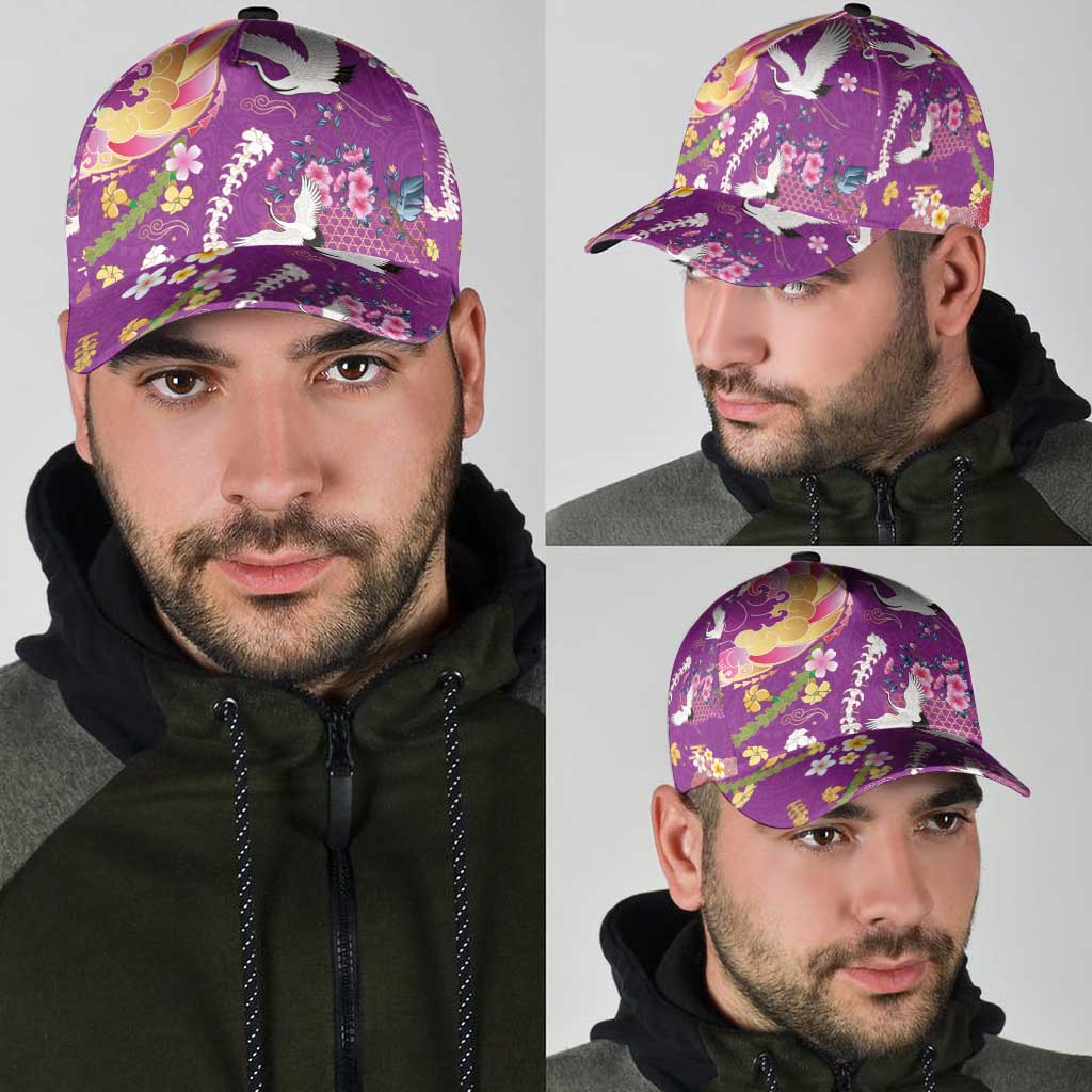 Hawaiian and Japanese Culture Together Classic Cap Kakau Tribal Pattern and Irezumi Art Purple Color