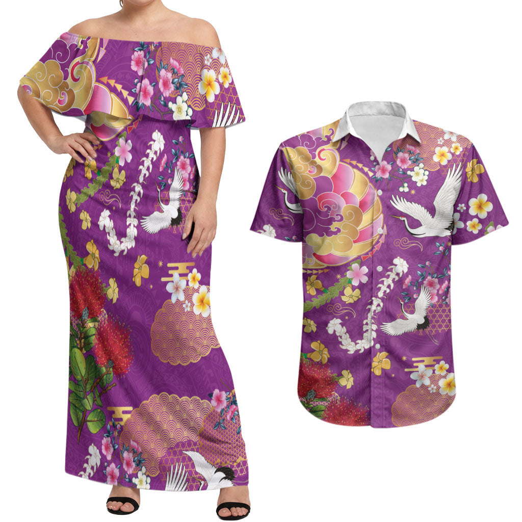 Hawaiian and Japanese Culture Together Couples Matching Off Shoulder Maxi Dress and Hawaiian Shirt Kakau Tribal Pattern and Irezumi Art Purple Color LT03 Purple - Polynesian Pride