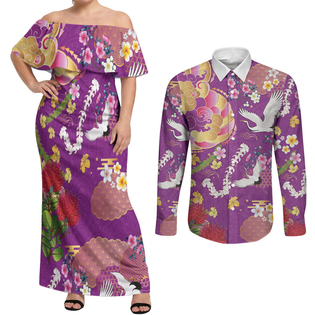 Hawaiian and Japanese Culture Together Couples Matching Off Shoulder Maxi Dress and Long Sleeve Button Shirt Kakau Tribal Pattern and Irezumi Art Purple Color