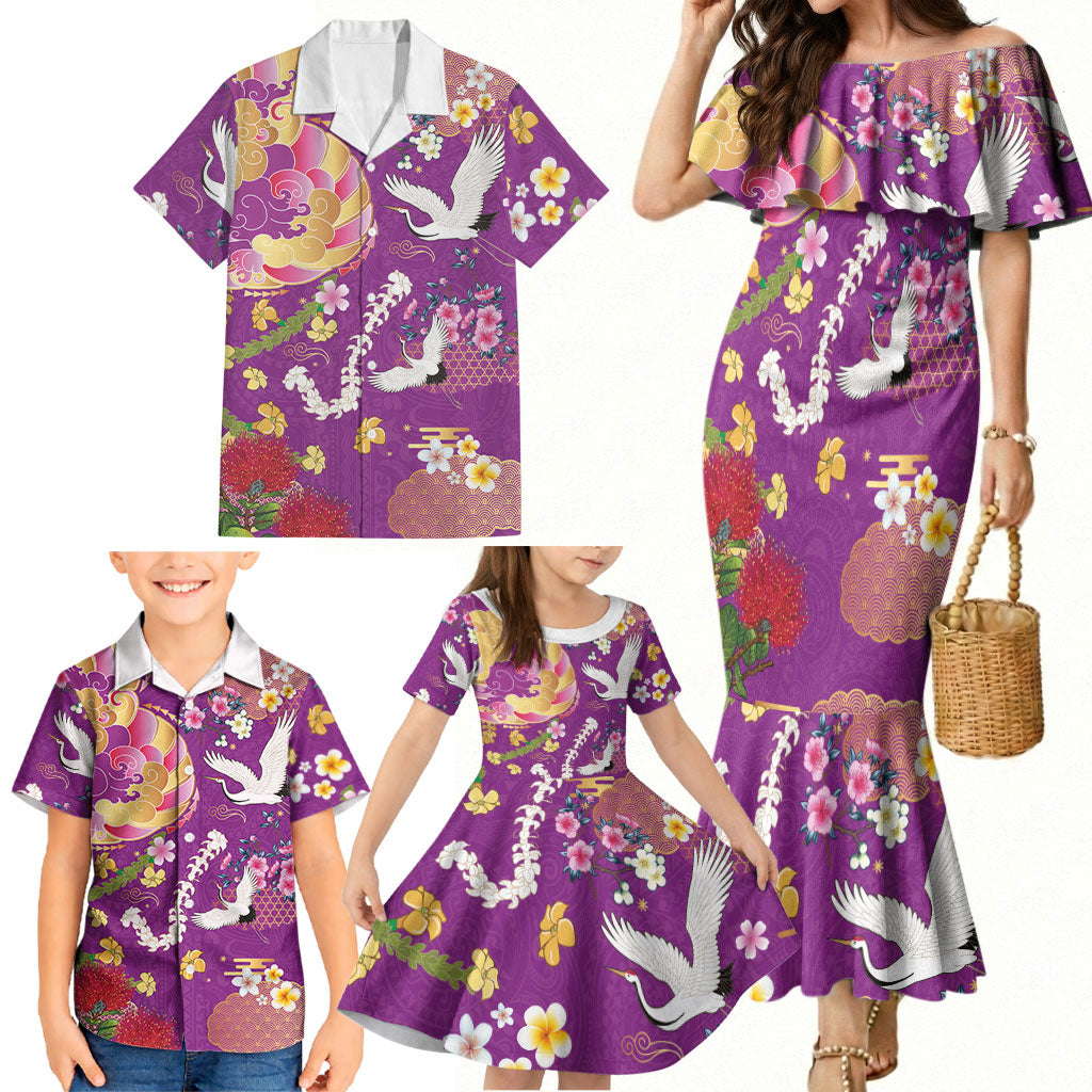 Hawaiian and Japanese Culture Together Family Matching Mermaid Dress and Hawaiian Shirt Kakau Tribal Pattern and Irezumi Art Purple Color