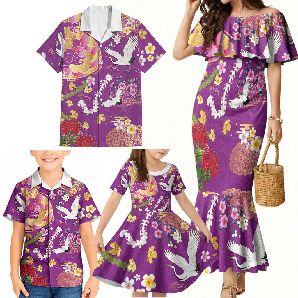 Hawaiian and Japanese Culture Together Family Matching Mermaid Dress and Hawaiian Shirt Kakau Tribal Pattern and Irezumi Art Purple Color LT03 - Polynesian Pride