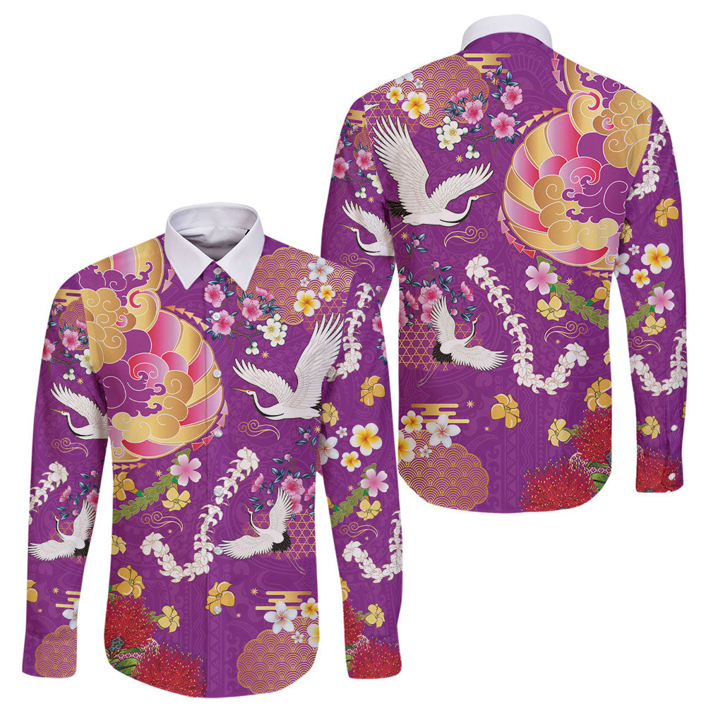 Hawaiian and Japanese Culture Together Family Matching Off The Shoulder Long Sleeve Dress and Hawaiian Shirt Kakau Tribal Pattern and Irezumi Art Purple Color