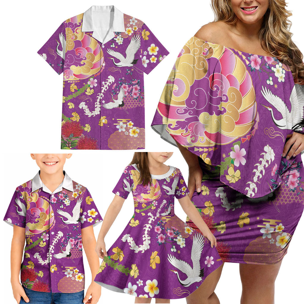 Hawaiian and Japanese Culture Together Family Matching Off Shoulder Short Dress and Hawaiian Shirt Kakau Tribal Pattern and Irezumi Art Purple Color LT03 - Polynesian Pride