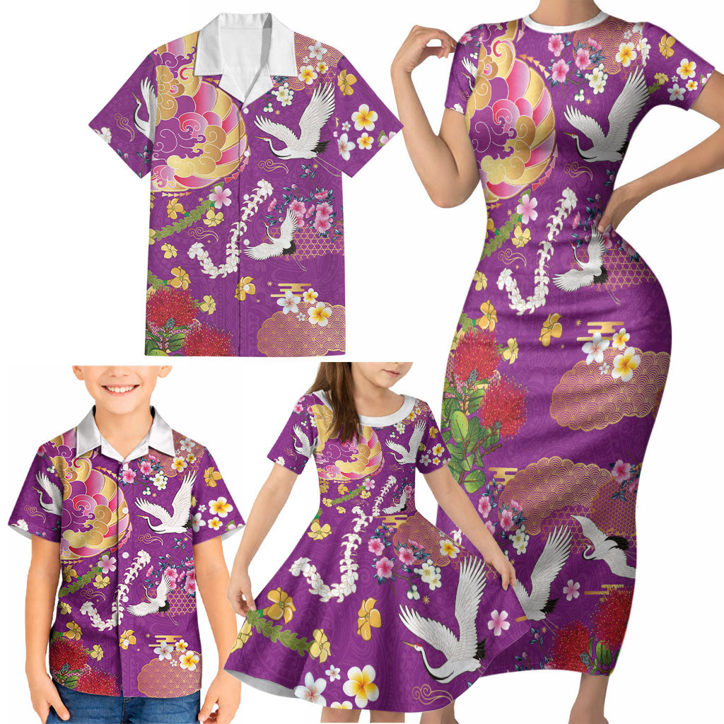 Hawaiian and Japanese Culture Together Family Matching Short Sleeve Bodycon Dress and Hawaiian Shirt Kakau Tribal Pattern and Irezumi Art Purple Color LT03 - Polynesian Pride