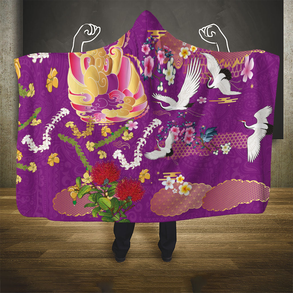 Hawaiian and Japanese Culture Together Hooded Blanket Kakau Tribal Pattern and Irezumi Art Purple Color