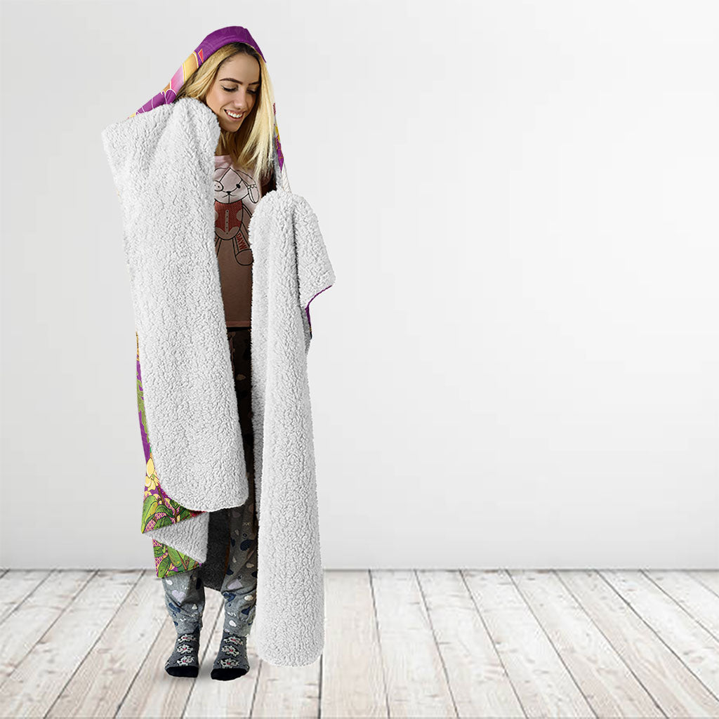 Hawaiian and Japanese Culture Together Hooded Blanket Kakau Tribal Pattern and Irezumi Art Purple Color