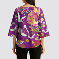 Hawaiian and Japanese Culture Together Kimono Sleeve Blouse Kakau Tribal Pattern and Irezumi Art Purple Color