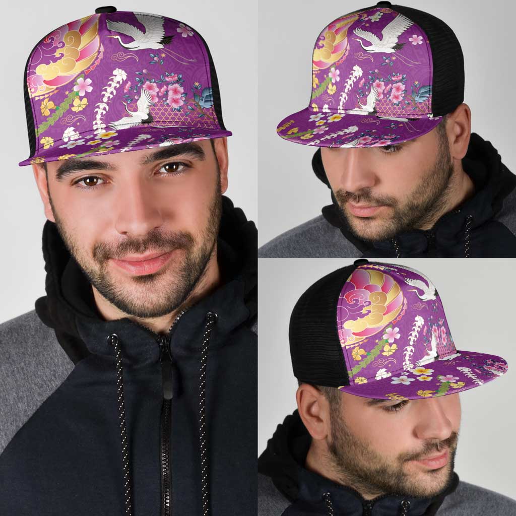 Hawaiian and Japanese Culture Together Mesh Trucker Cap Kakau Tribal Pattern and Irezumi Art Purple Color