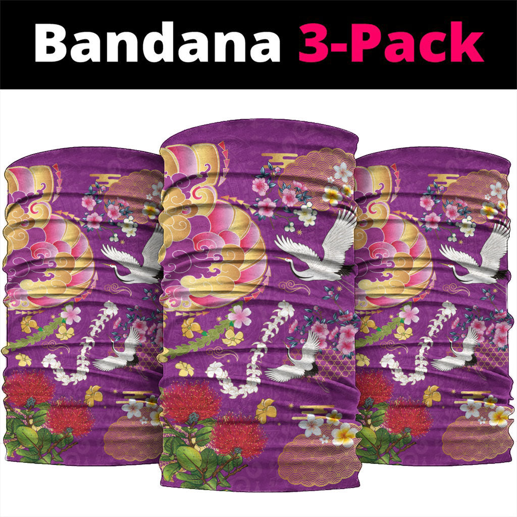 Hawaiian and Japanese Culture Together Neck Gaiter Kakau Tribal Pattern and Irezumi Art Purple Color