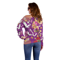 Hawaiian and Japanese Culture Together Off Shoulder Sweater Kakau Tribal Pattern and Irezumi Art Purple Color