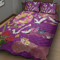 Hawaiian and Japanese Culture Together Quilt Bed Set Kakau Tribal Pattern and Irezumi Art Purple Color