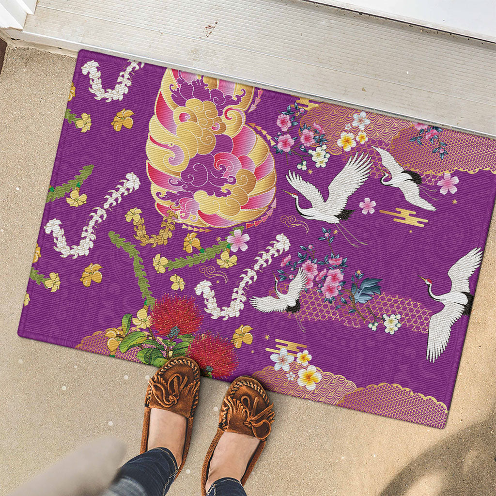 Hawaiian and Japanese Culture Together Rubber Doormat Kakau Tribal Pattern and Irezumi Art Purple Color