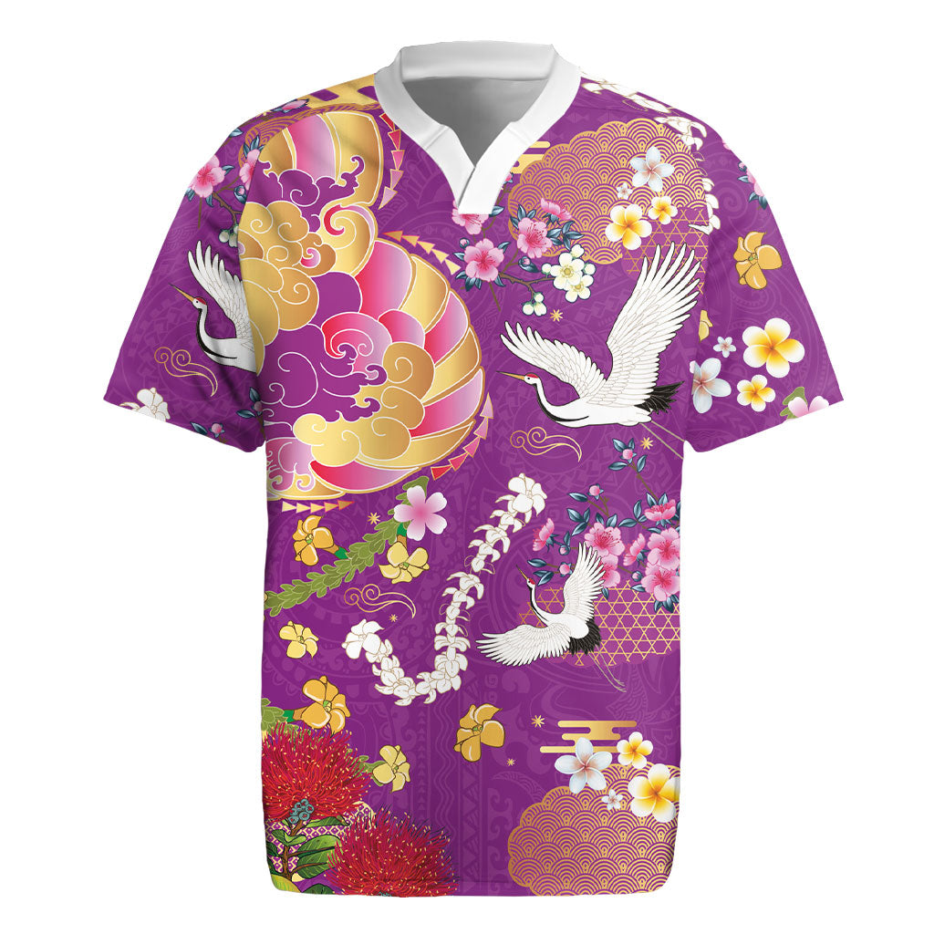 Hawaiian and Japanese Culture Together Rugby Jersey Kakau Tribal Pattern and Irezumi Art Purple Color