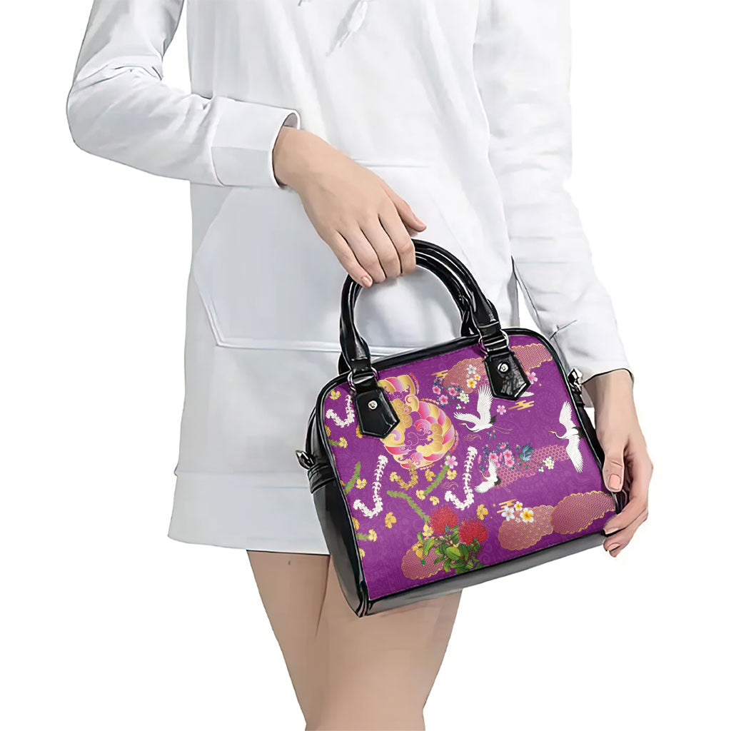 Hawaiian and Japanese Culture Together Shoulder Handbag Kakau Tribal Pattern and Irezumi Art Purple Color
