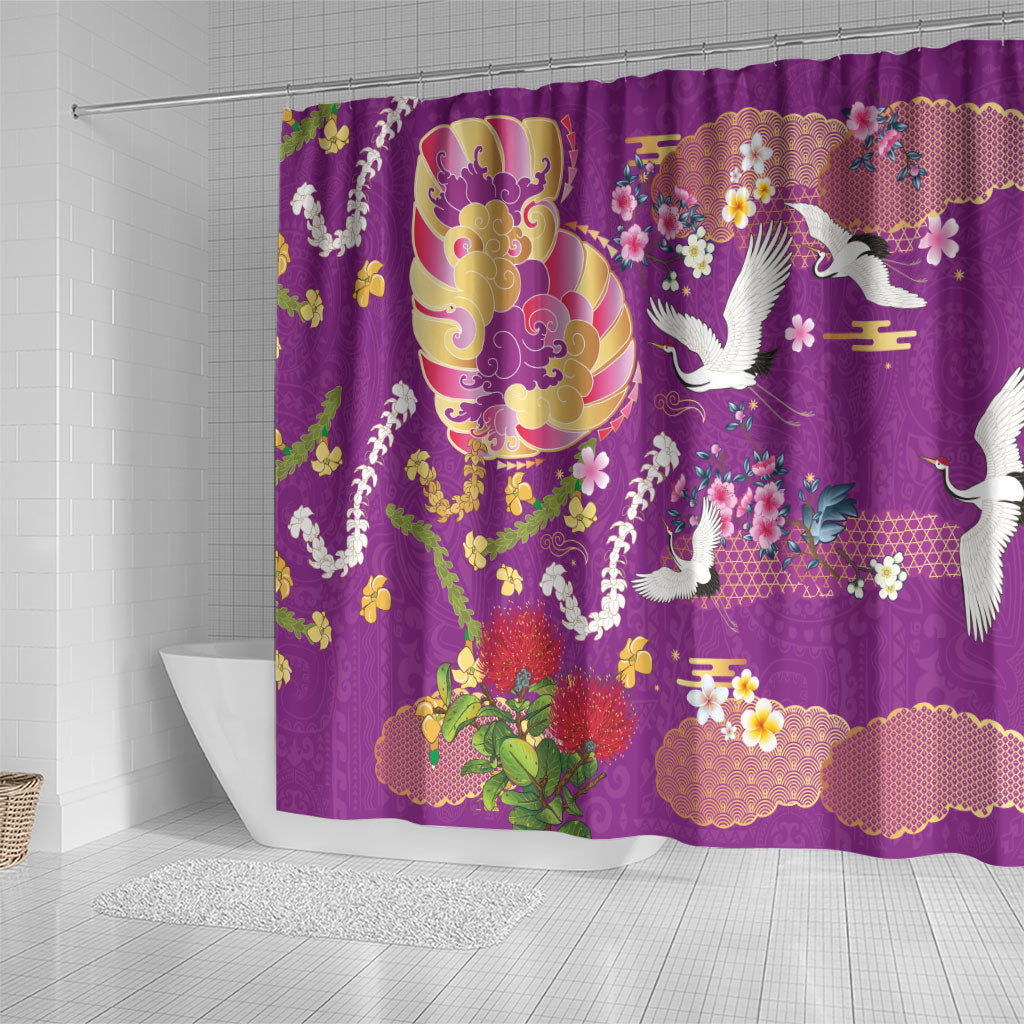 Hawaiian and Japanese Culture Together Shower Curtain Kakau Tribal Pattern and Irezumi Art Purple Color