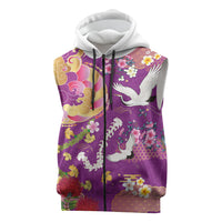 Hawaiian and Japanese Culture Together Sleeveless Zip Hoodie Kakau Tribal Pattern and Irezumi Art Purple Color