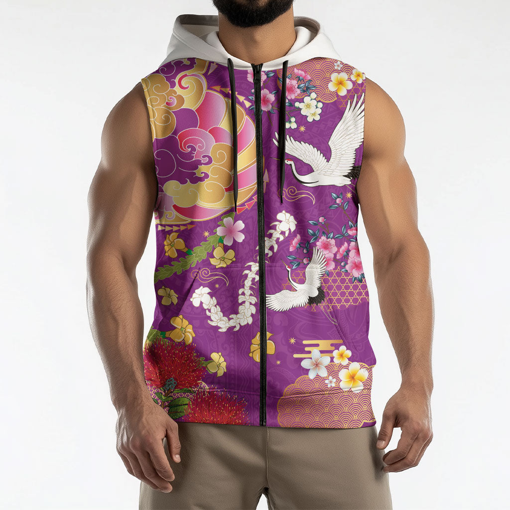 Hawaiian and Japanese Culture Together Sleeveless Zip Hoodie Kakau Tribal Pattern and Irezumi Art Purple Color