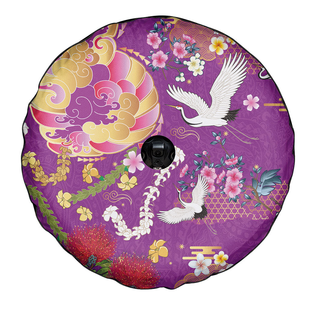 Hawaiian and Japanese Culture Together Spare Tire Cover Kakau Tribal Pattern and Irezumi Art Purple Color