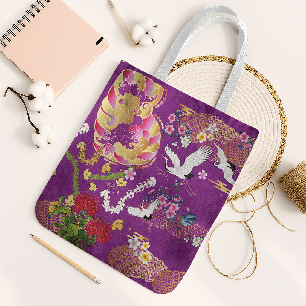 Hawaiian and Japanese Culture Together Tote Bag Kakau Tribal Pattern and Irezumi Art Purple Color