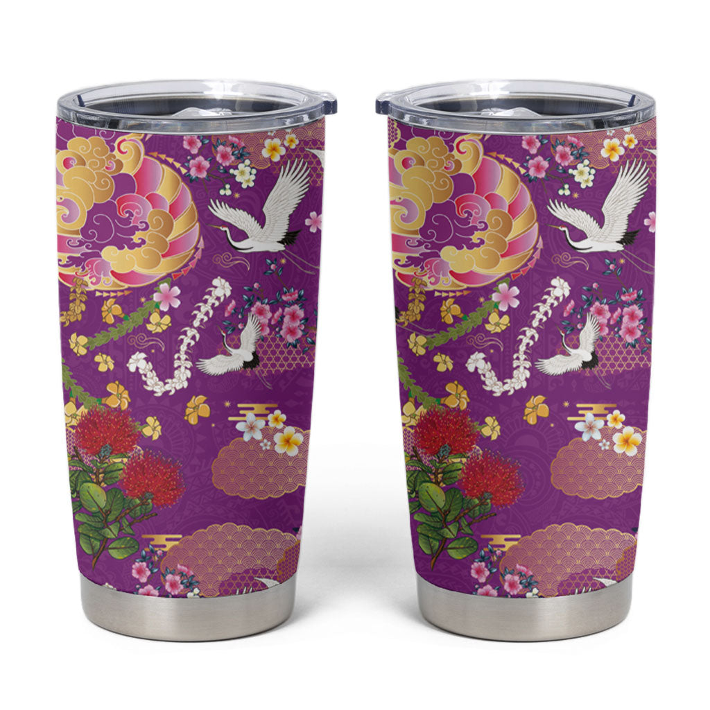 Hawaiian and Japanese Culture Together Tumbler Cup Kakau Tribal Pattern and Irezumi Art Purple Color