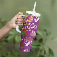 Hawaiian and Japanese Culture Together Tumbler With Handle Kakau Tribal Pattern and Irezumi Art Purple Color