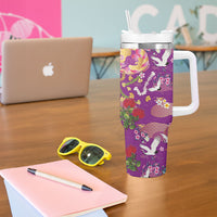 Hawaiian and Japanese Culture Together Tumbler With Handle Kakau Tribal Pattern and Irezumi Art Purple Color