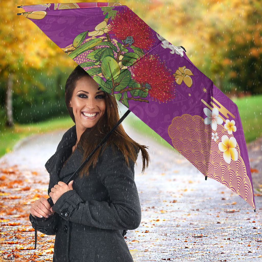 Hawaiian and Japanese Culture Together Umbrella Kakau Tribal Pattern and Irezumi Art Purple Color