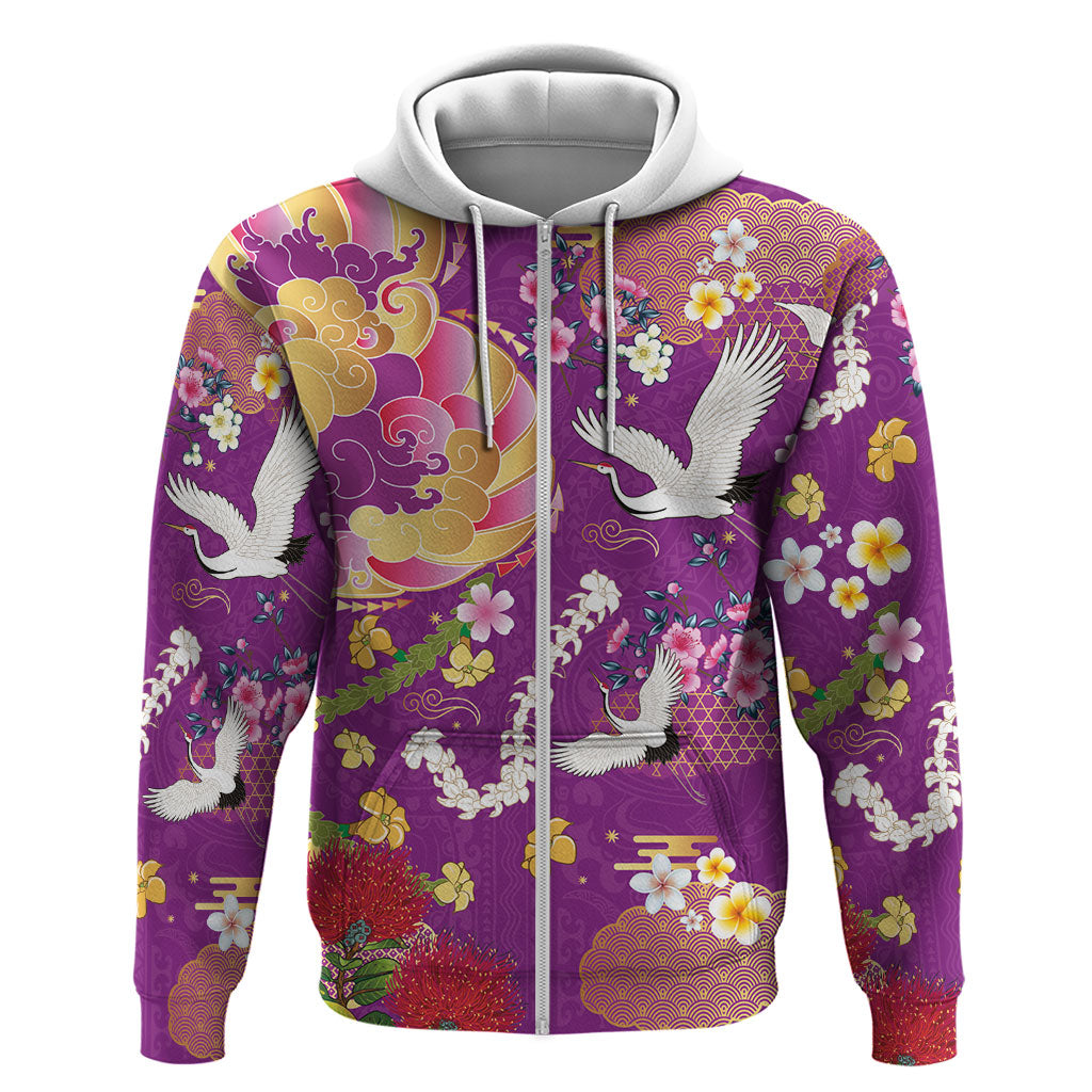 Hawaiian and Japanese Culture Together Zip Hoodie Kakau Tribal Pattern and Irezumi Art Purple Color LT03 Zip Hoodie Purple - Polynesian Pride
