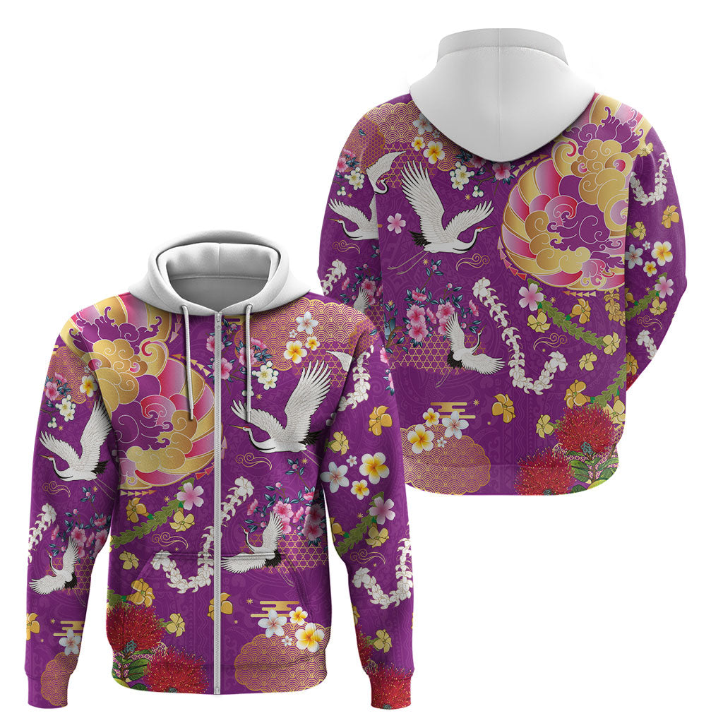 Hawaiian and Japanese Culture Together Zip Hoodie Kakau Tribal Pattern and Irezumi Art Purple Color