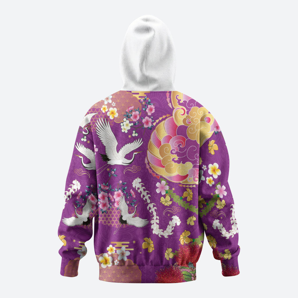 Hawaiian and Japanese Culture Together Zip Hoodie Kakau Tribal Pattern and Irezumi Art Purple Color