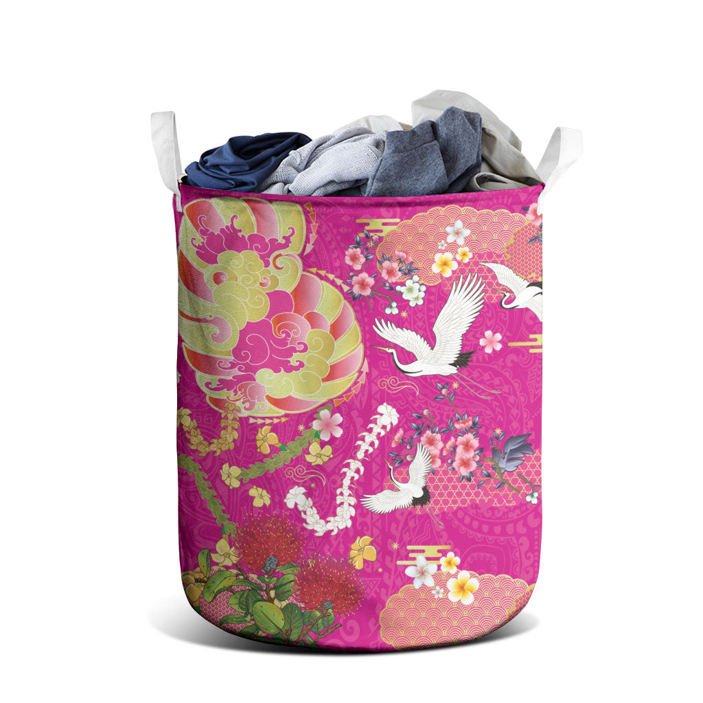 Hawaiian and Japanese Culture Together Laundry Basket Kakau Tribal Pattern and Irezumi Art Pink Color