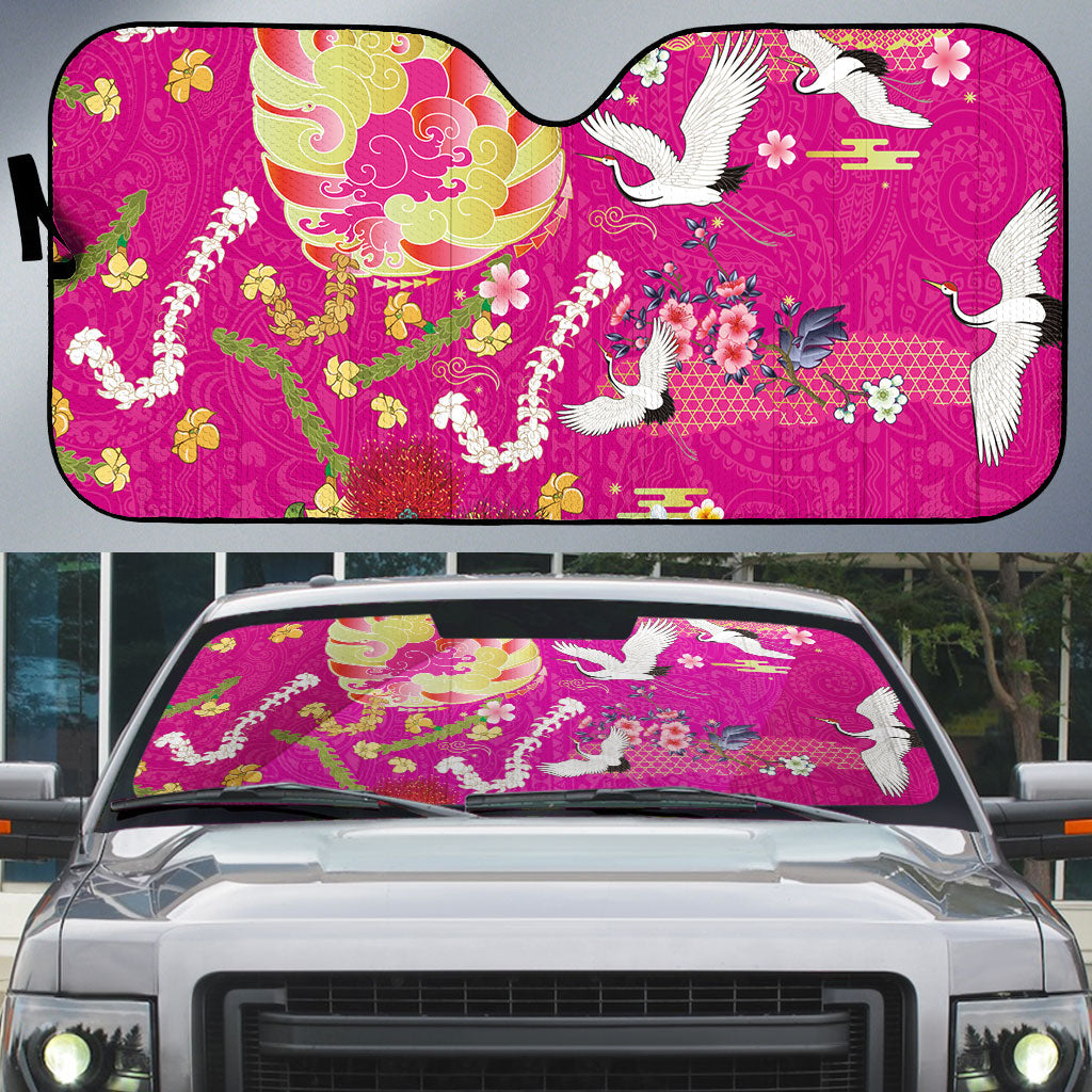 Hawaiian and Japanese Culture Together Auto Sun Shade Kakau Tribal Pattern and Irezumi Art Pink Color