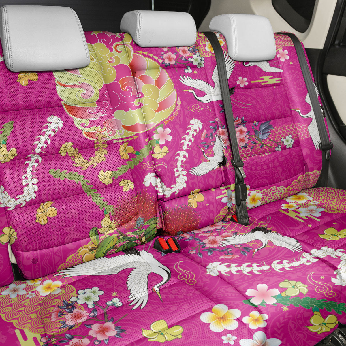Hawaiian and Japanese Culture Together Back Car Seat Cover Kakau Tribal Pattern and Irezumi Art Pink Color