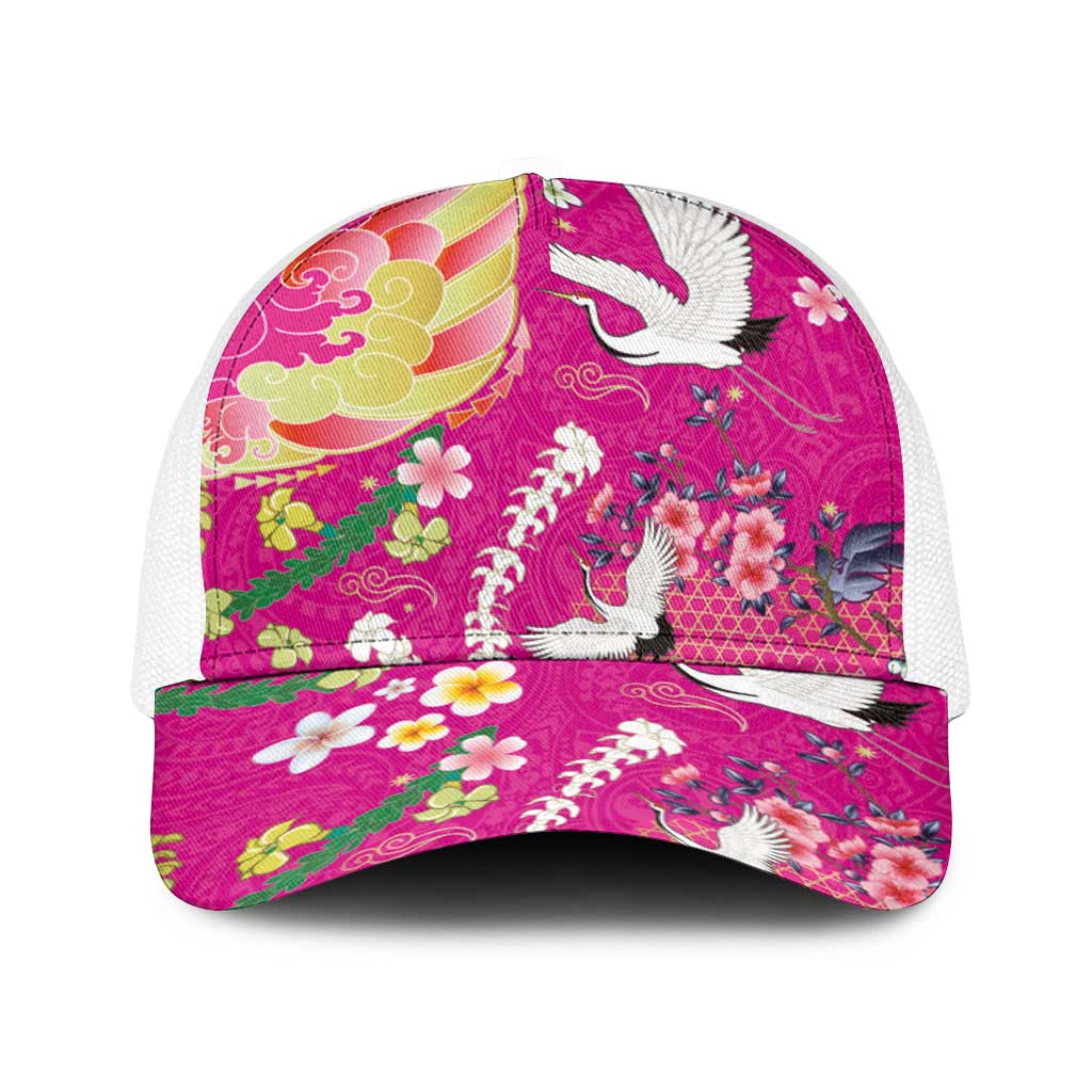 Hawaiian and Japanese Culture Together Baseball Net Cap Kakau Tribal Pattern and Irezumi Art Pink Color