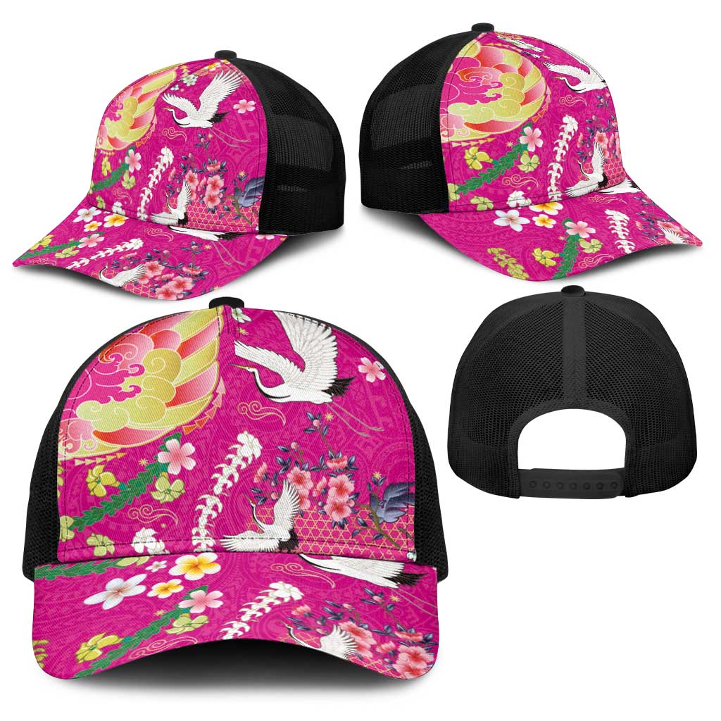 Hawaiian and Japanese Culture Together Baseball Net Cap Kakau Tribal Pattern and Irezumi Art Pink Color