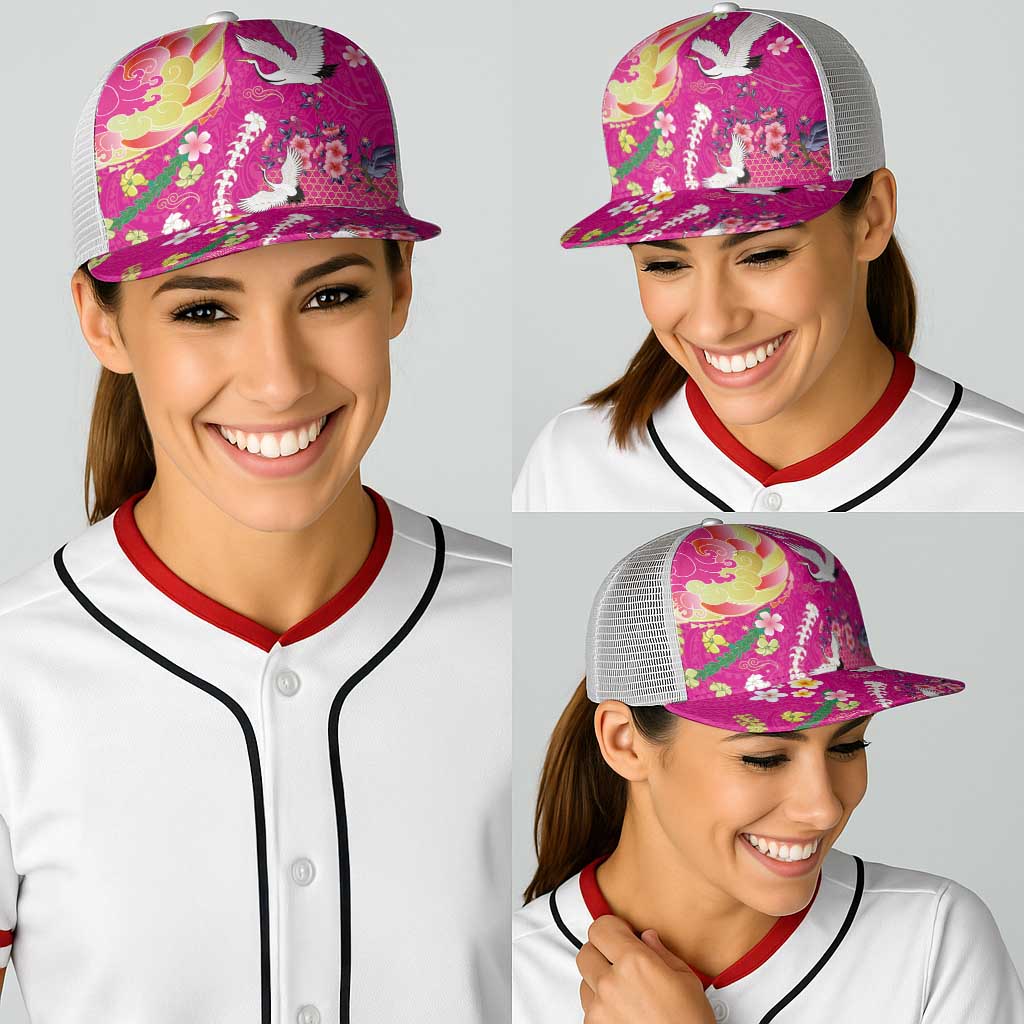 Hawaiian and Japanese Culture Together Baseball Net Cap Kakau Tribal Pattern and Irezumi Art Pink Color