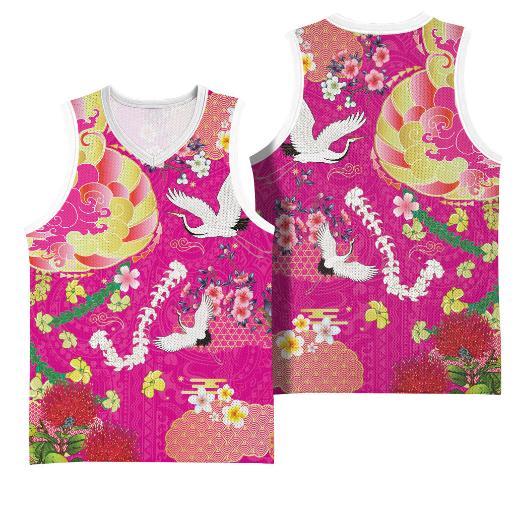 Hawaiian and Japanese Culture Together Basketball Jersey Kakau Tribal Pattern and Irezumi Art Pink Color