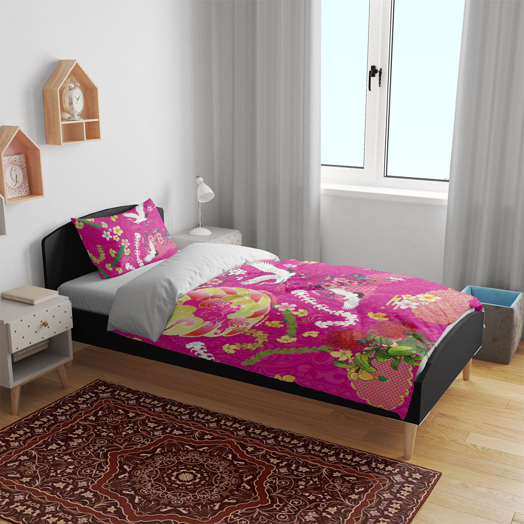 Hawaiian and Japanese Culture Together Bedding Set Kakau Tribal Pattern and Irezumi Art Pink Color