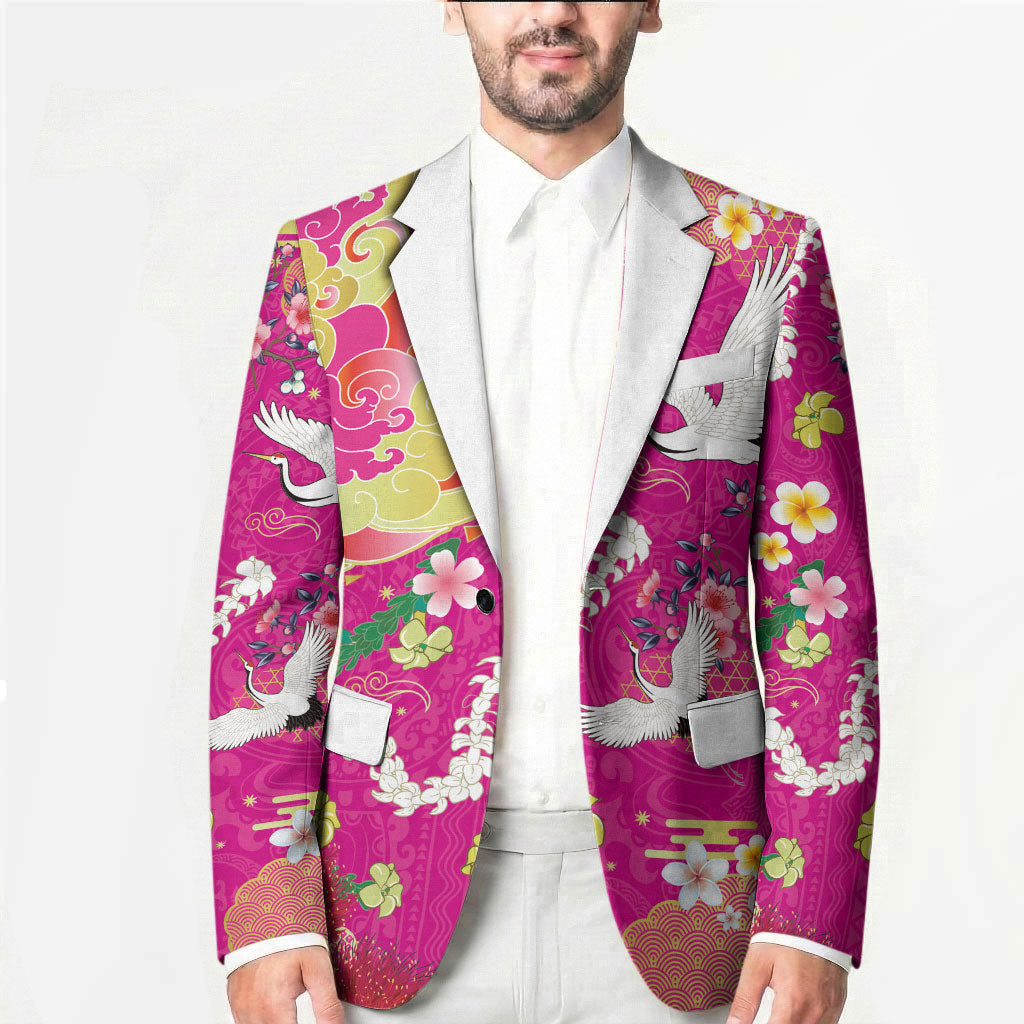 Hawaiian and Japanese Culture Together Blazer Kakau Tribal Pattern and Irezumi Art Pink Color