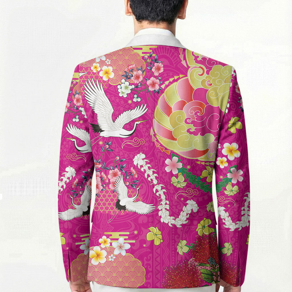 Hawaiian and Japanese Culture Together Blazer Kakau Tribal Pattern and Irezumi Art Pink Color
