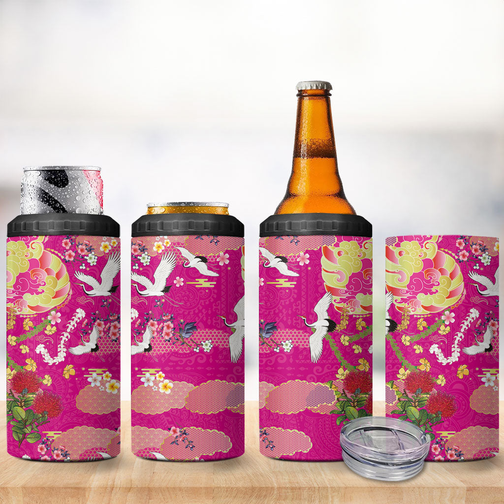 Hawaiian and Japanese Culture Together 4 in 1 Can Cooler Tumbler Kakau Tribal Pattern and Irezumi Art Pink Color