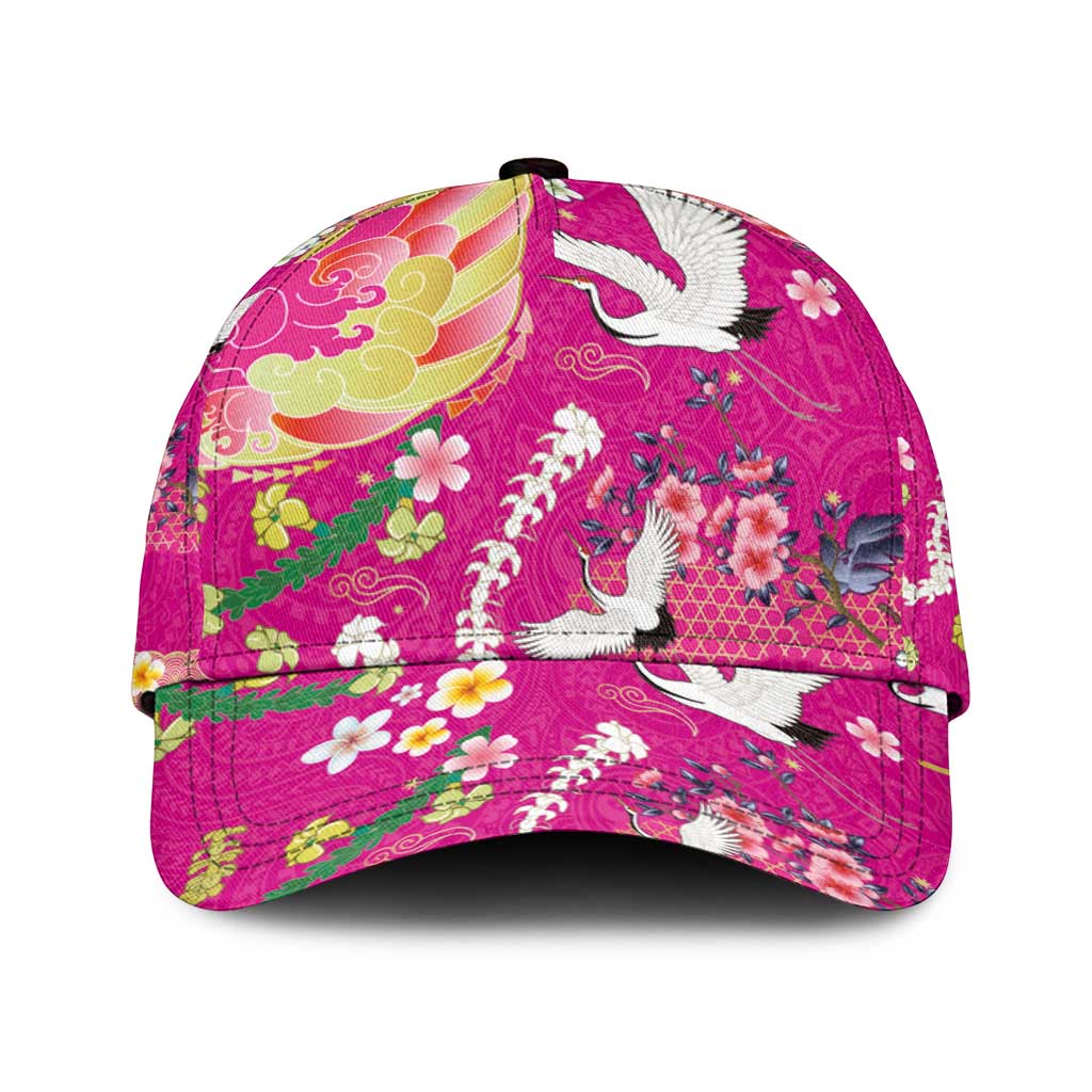 Hawaiian and Japanese Culture Together Classic Cap Kakau Tribal Pattern and Irezumi Art Pink Color
