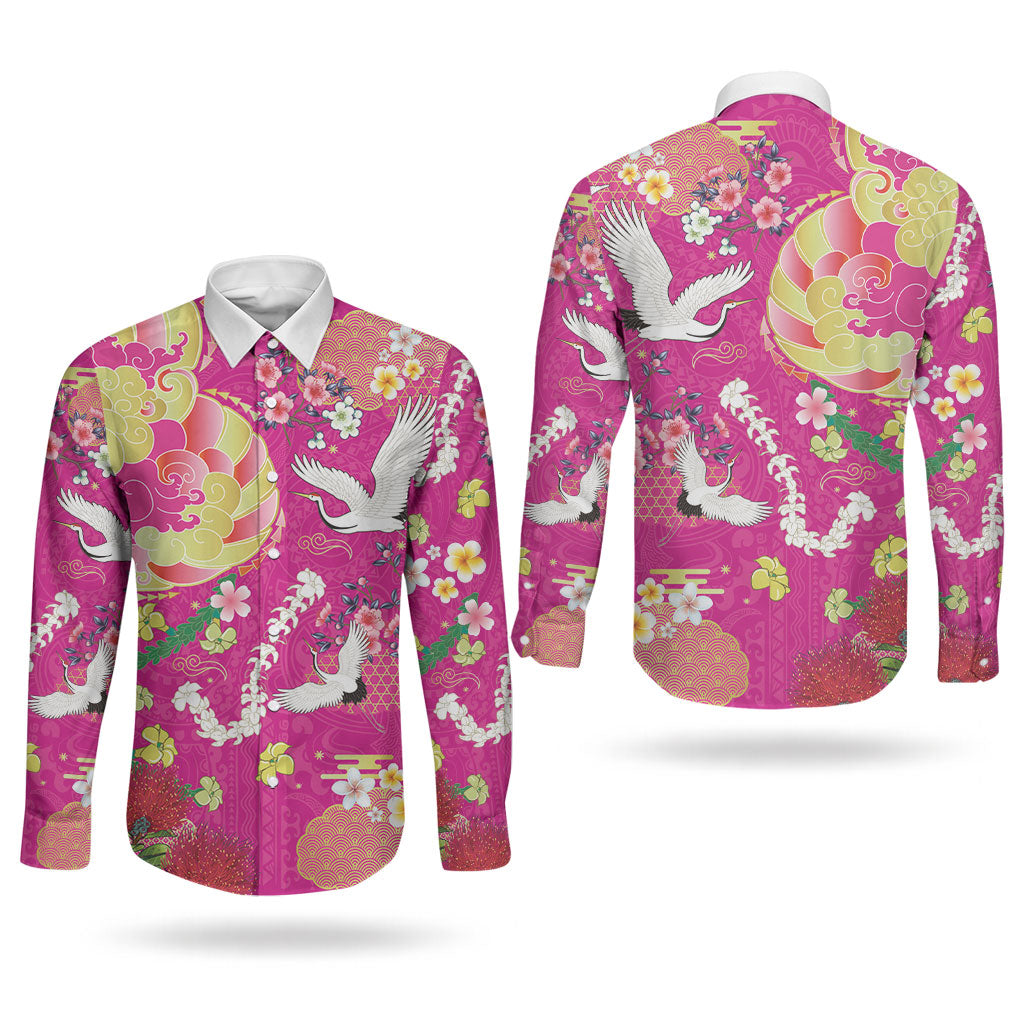 Hawaiian and Japanese Culture Together Couples Matching Off Shoulder Maxi Dress and Long Sleeve Button Shirt Kakau Tribal Pattern and Irezumi Art Pink Color