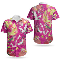 Hawaiian and Japanese Culture Together Couples Matching Off The Shoulder Long Sleeve Dress and Hawaiian Shirt Kakau Tribal Pattern and Irezumi Art Pink Color